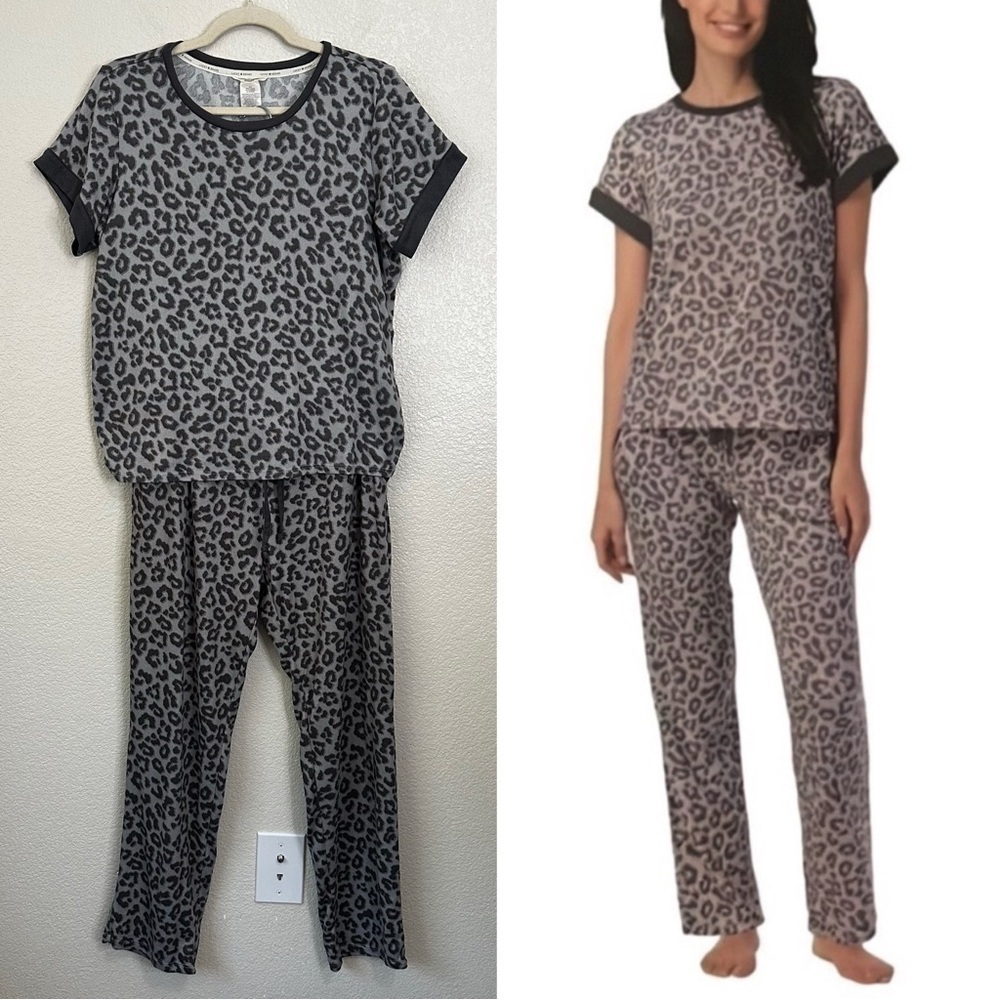 Lucky Brand Gray and Black Leopard Very Sofy Pajama Set, Sz Medium